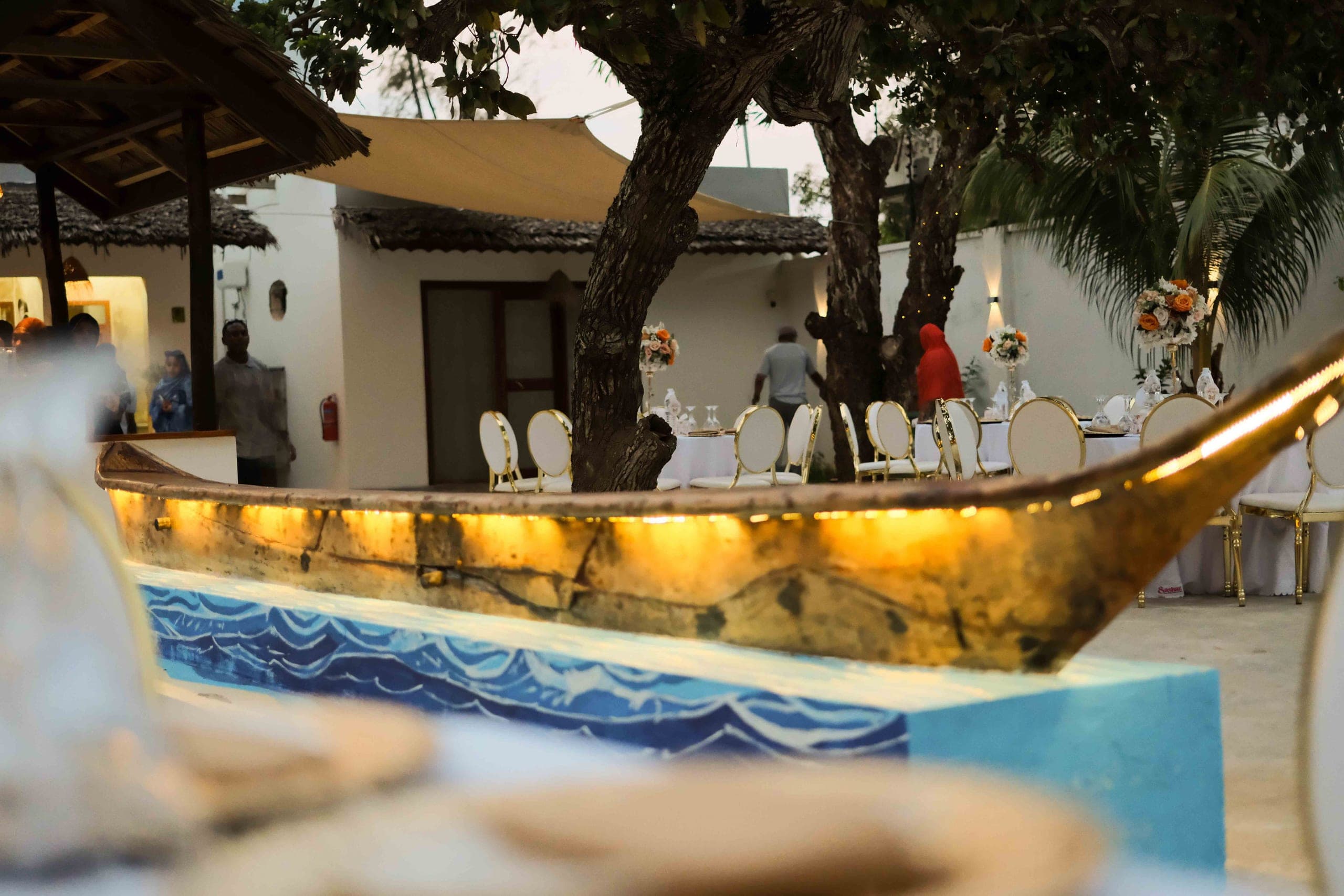 A gathering set in the resort courtyard