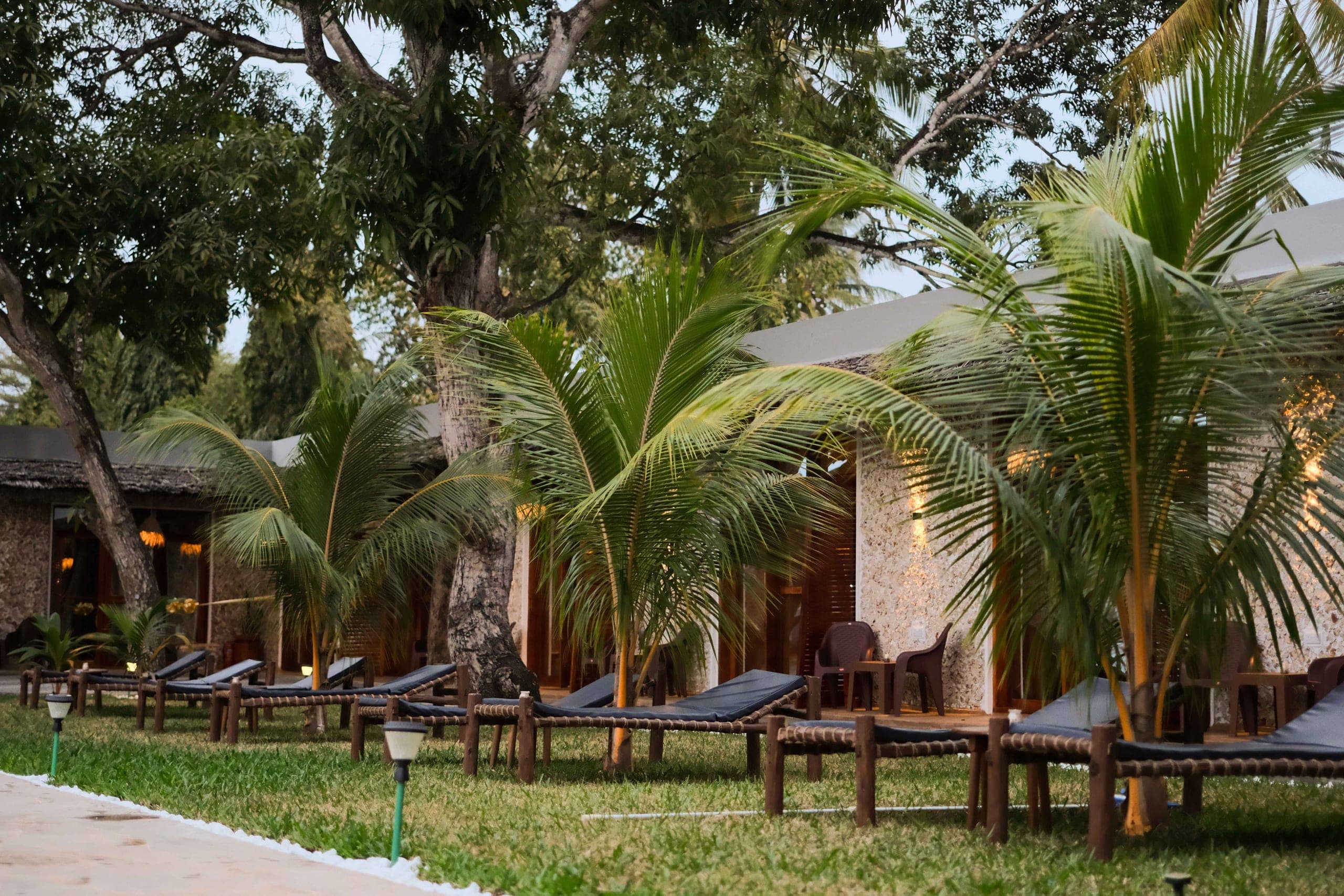 Dining tables prepared beneath a lit garden pergola