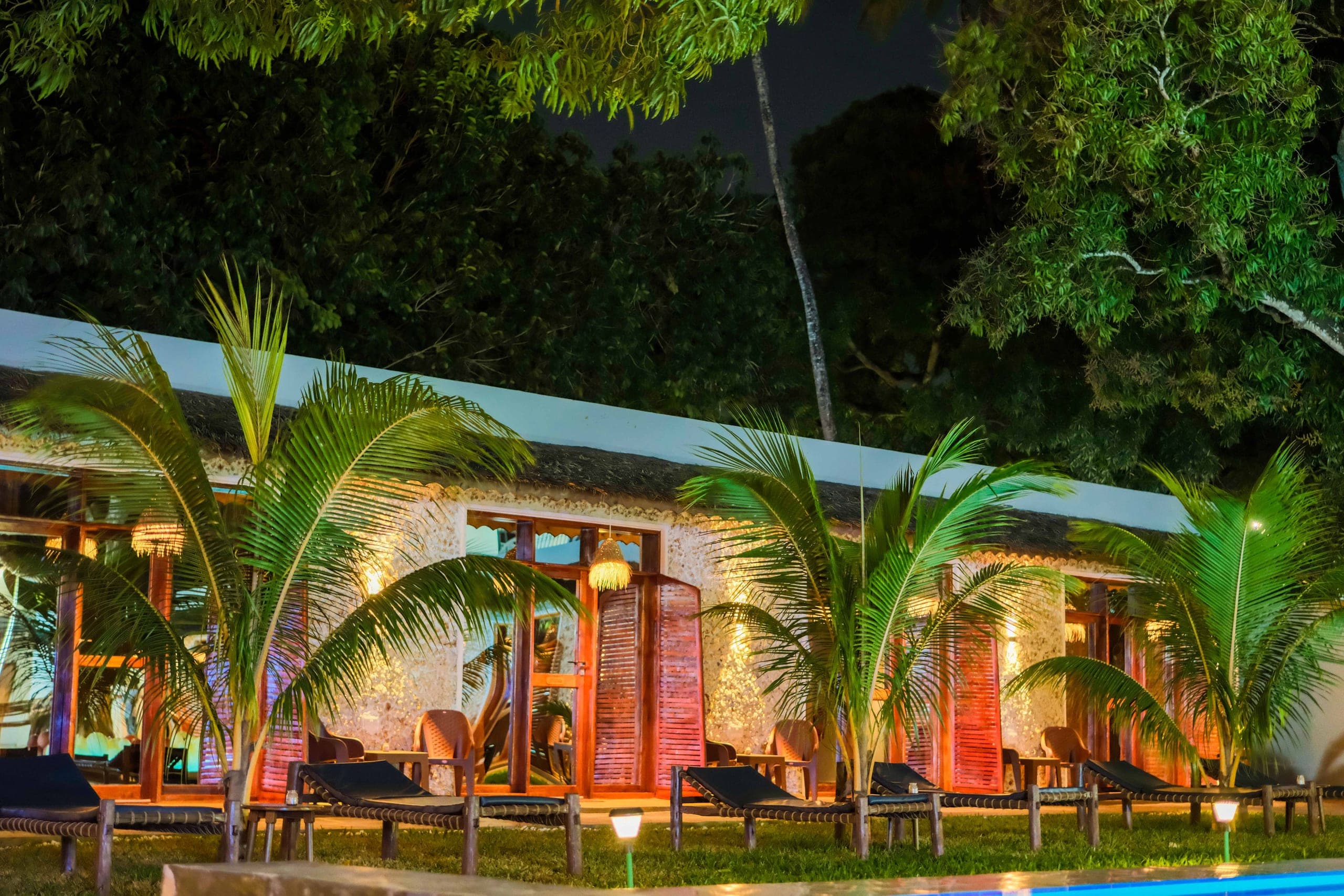 Resort rooms and palms illuminated after sunset